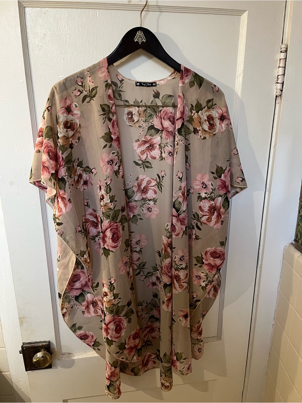 Try This Floral Chiffon Kimono Cardigan Cover Up Medium EUC